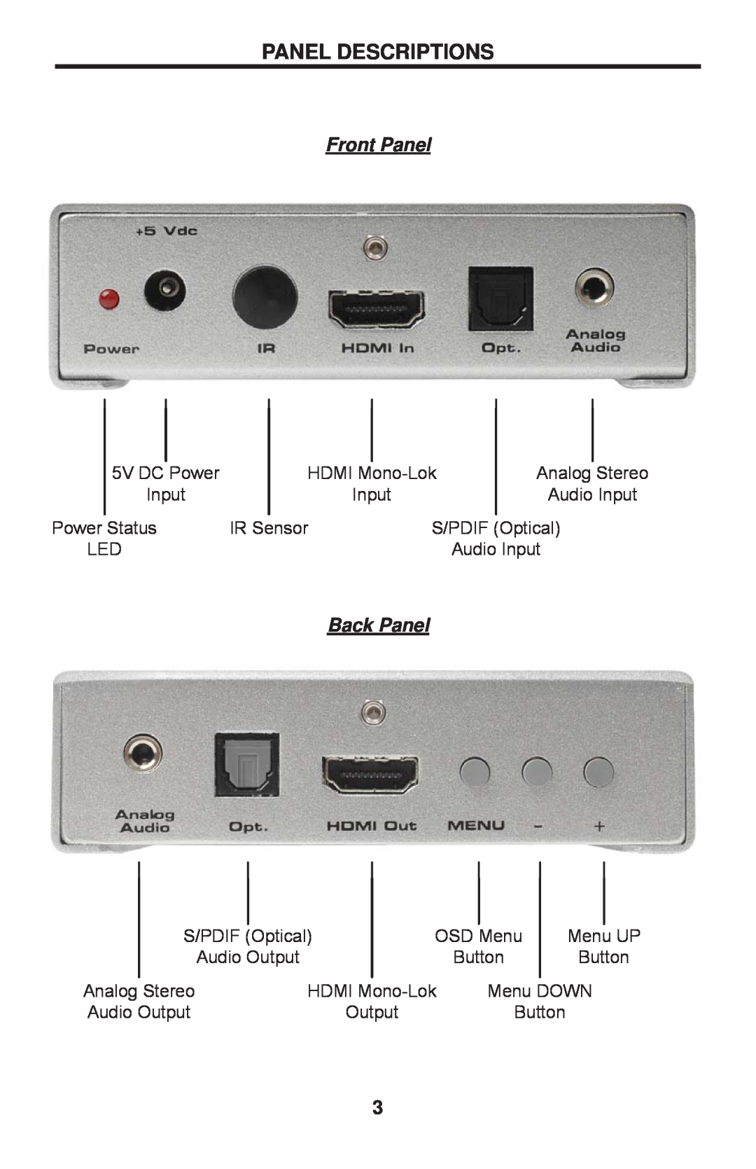 Gefen GTV-HDMI-1080PS user manual Panel Descriptions, Front Panel, Back Panel 