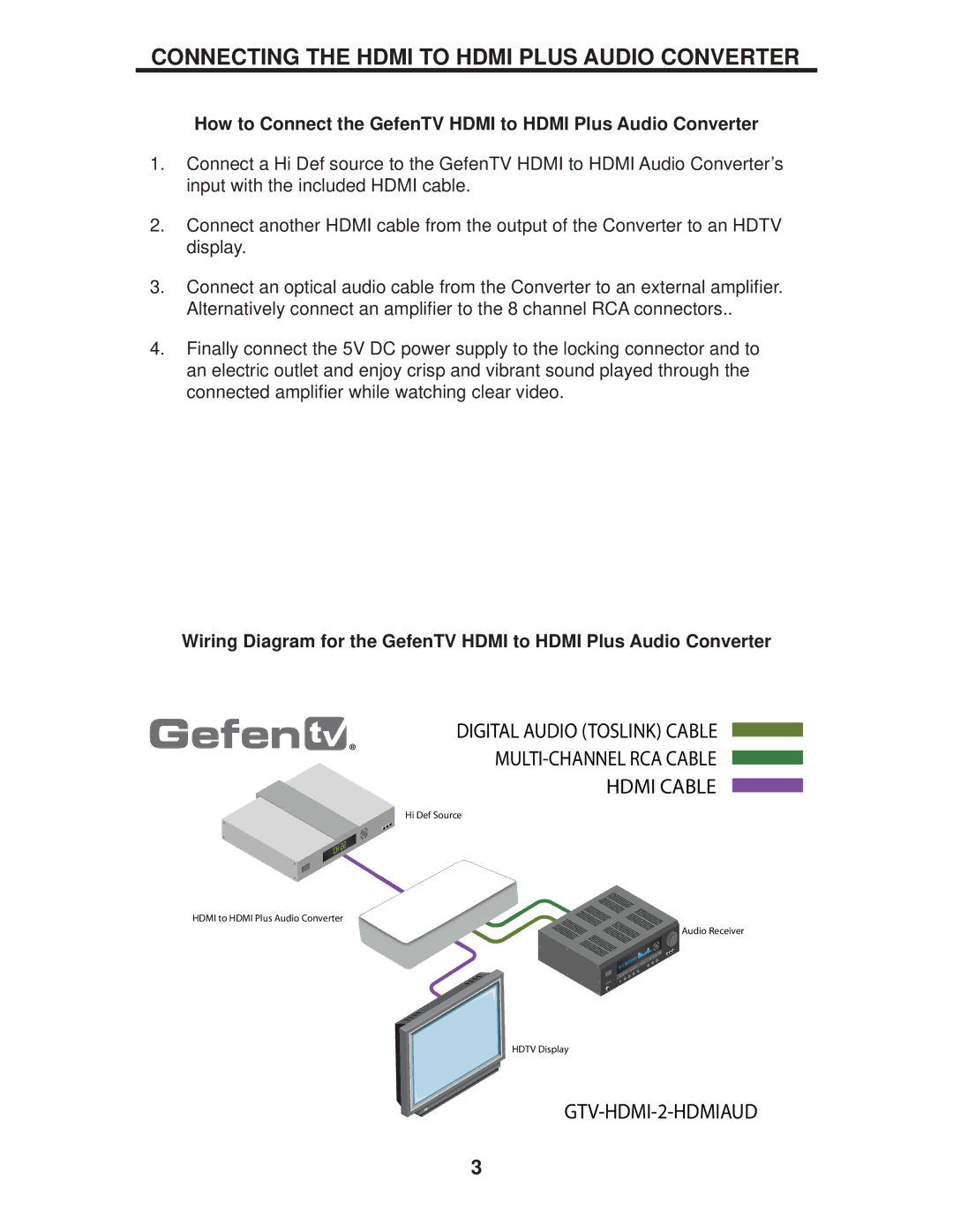 Gefen GTV-HDMI-2-HDMIAUD user manual Connecting the Hdmi to Hdmi Plus Audio Converter 