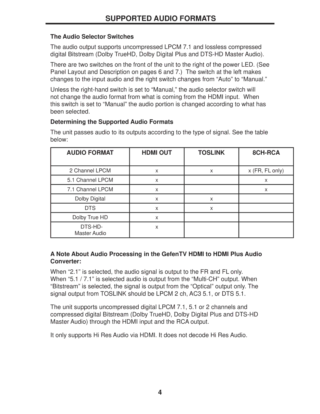 Gefen GTV-HDMI-2-HDMIAUD user manual Audio Selector Switches, Determining the Supported Audio Formats 