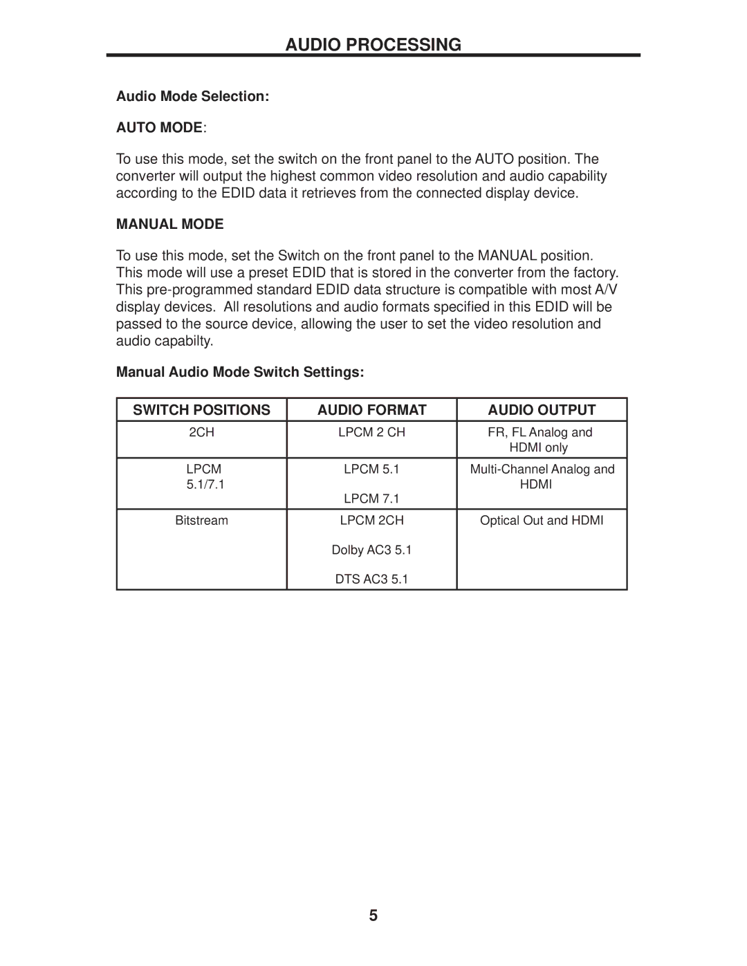 Gefen GTV-HDMI-2-HDMIAUD user manual Audio Processing, Audio Mode Selection, Manual Audio Mode Switch Settings 