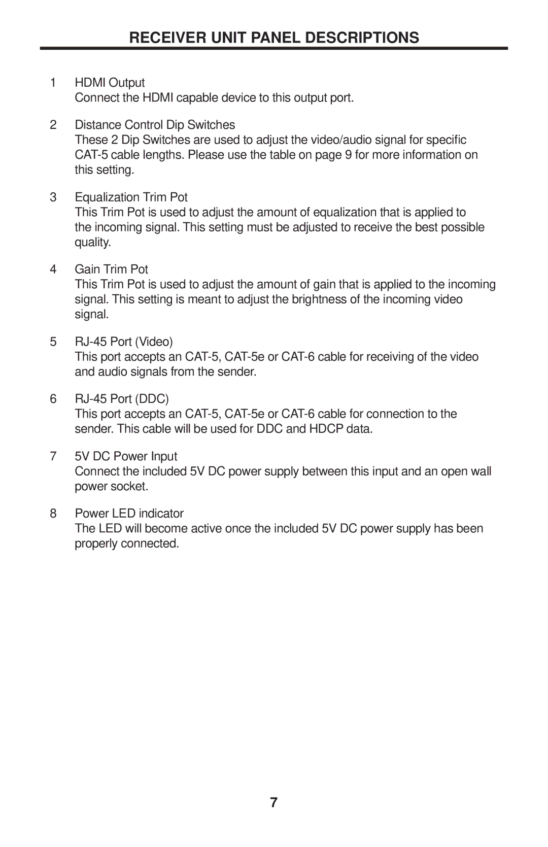 Gefen GTV-HDMI-CAT5LR Receiver Unit Panel Descriptions, Hdmi Output, Distance Control Dip Switches, Equalization Trim Pot 