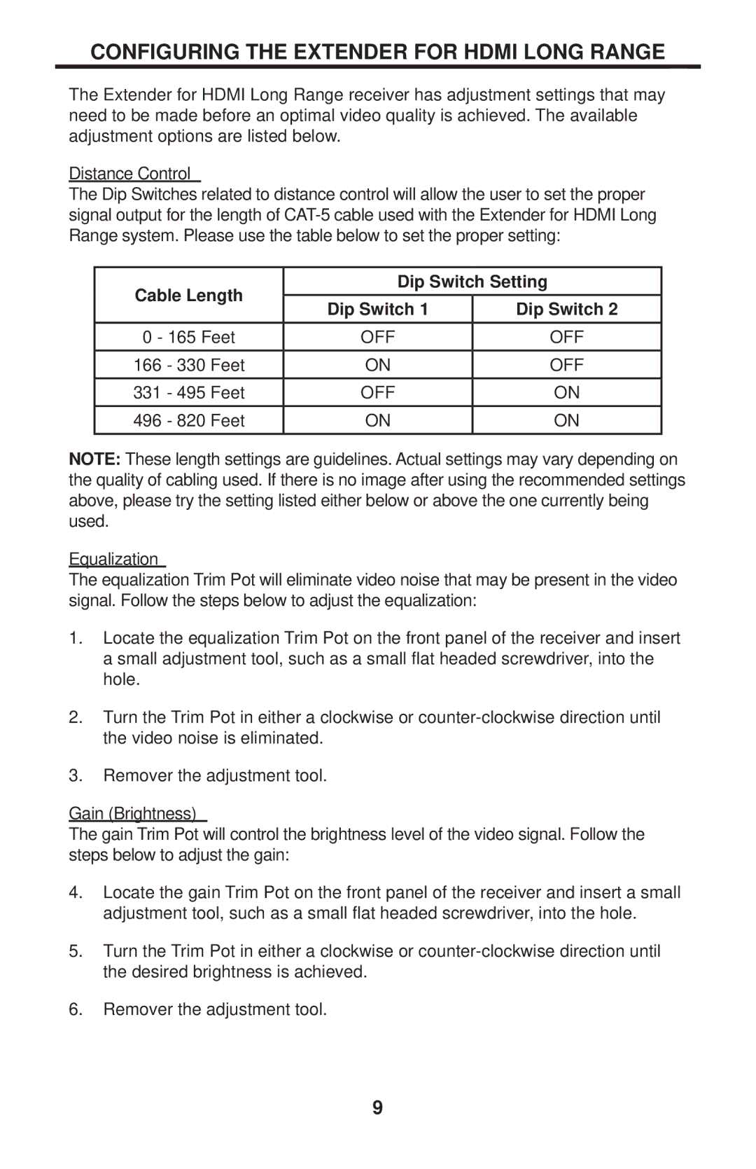 Gefen GTV-HDMI-CAT5LR Configuring the Extender for Hdmi Long Range, Distance Control, Cable Length Dip Switch Setting 