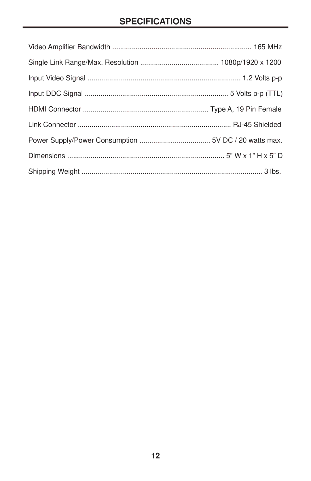 Gefen GTV-HDMI-CAT5LR user manual Specifications 