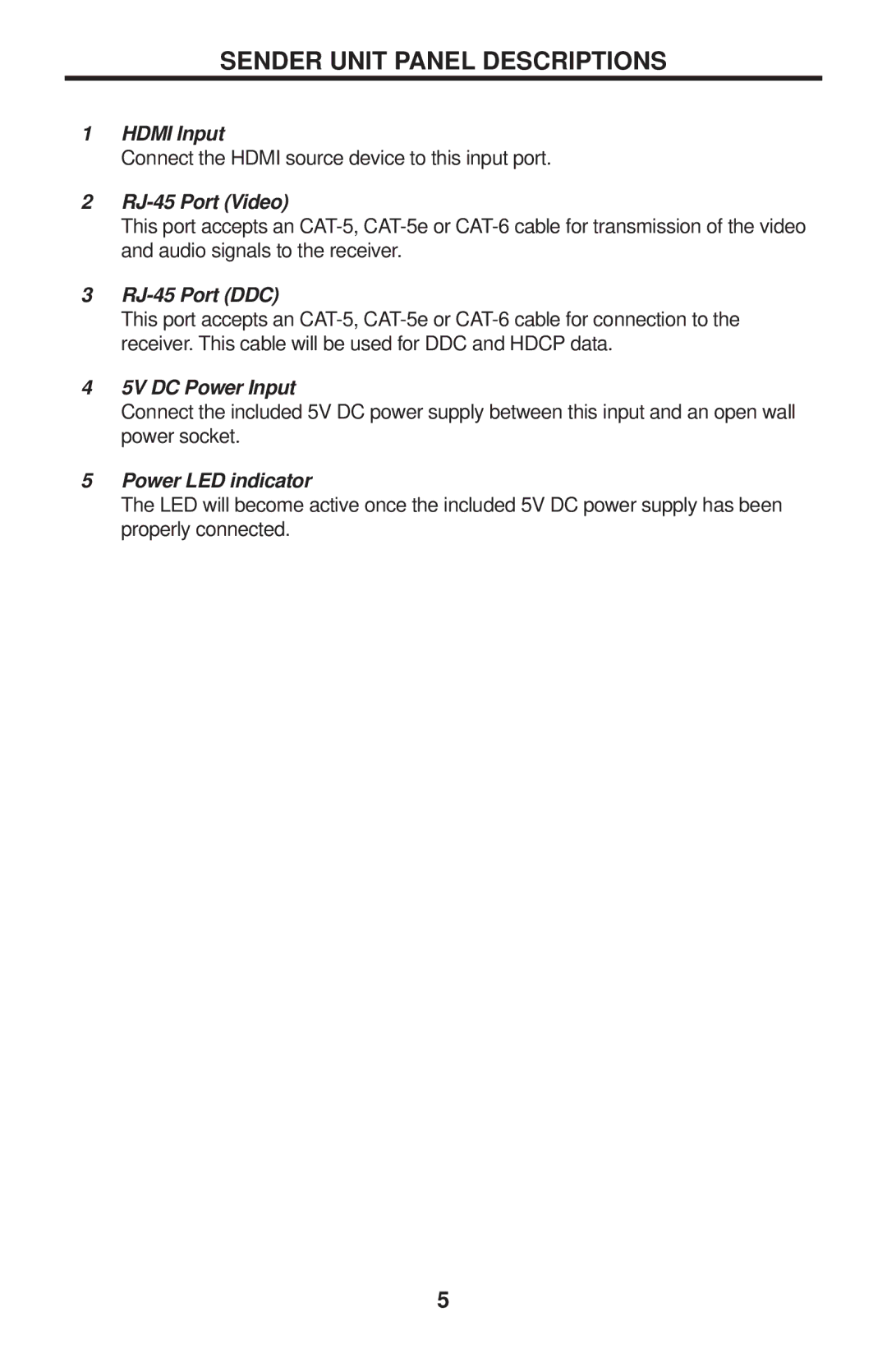 Gefen GTV-HDMI-CAT5LR user manual Sender Unit Panel Descriptions 