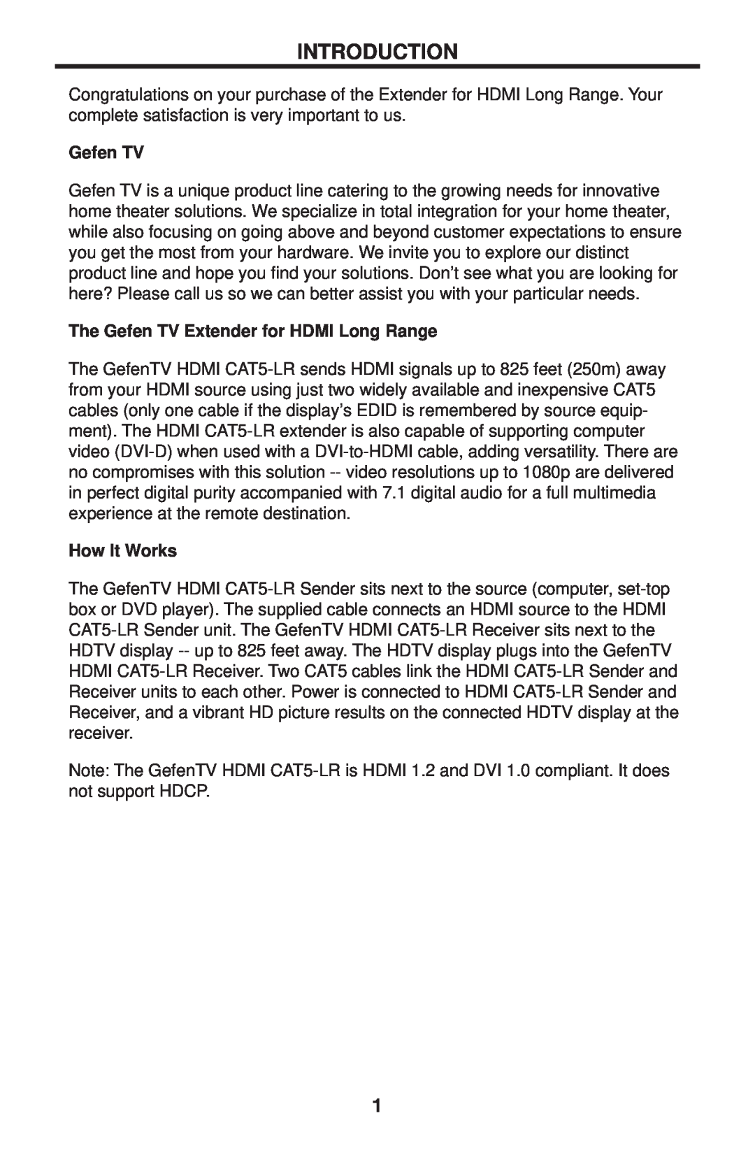 Gefen GTV-HDMI-CAT5LR user manual Introduction, The Gefen TV Extender for HDMI Long Range, How It Works 