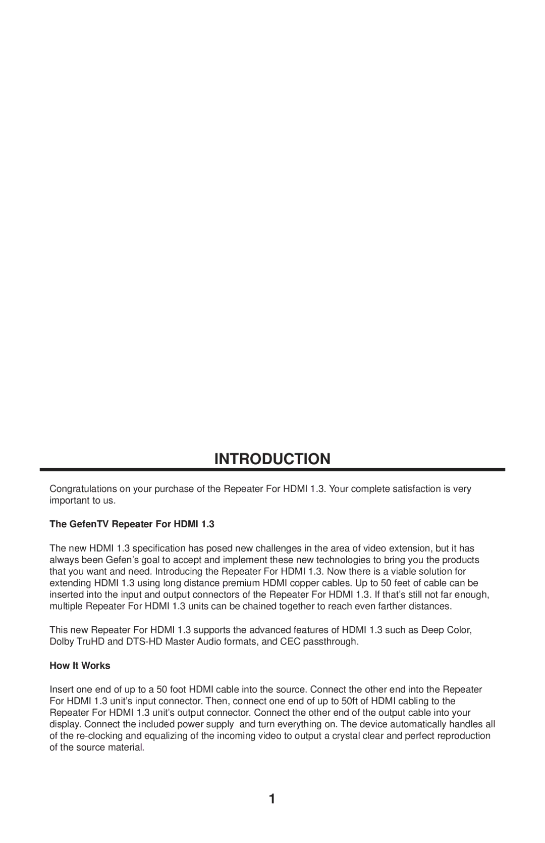 Gefen GTV-HDMI1.3-141 user manual Introduction, GefenTV Repeater For Hdmi, How It Works 