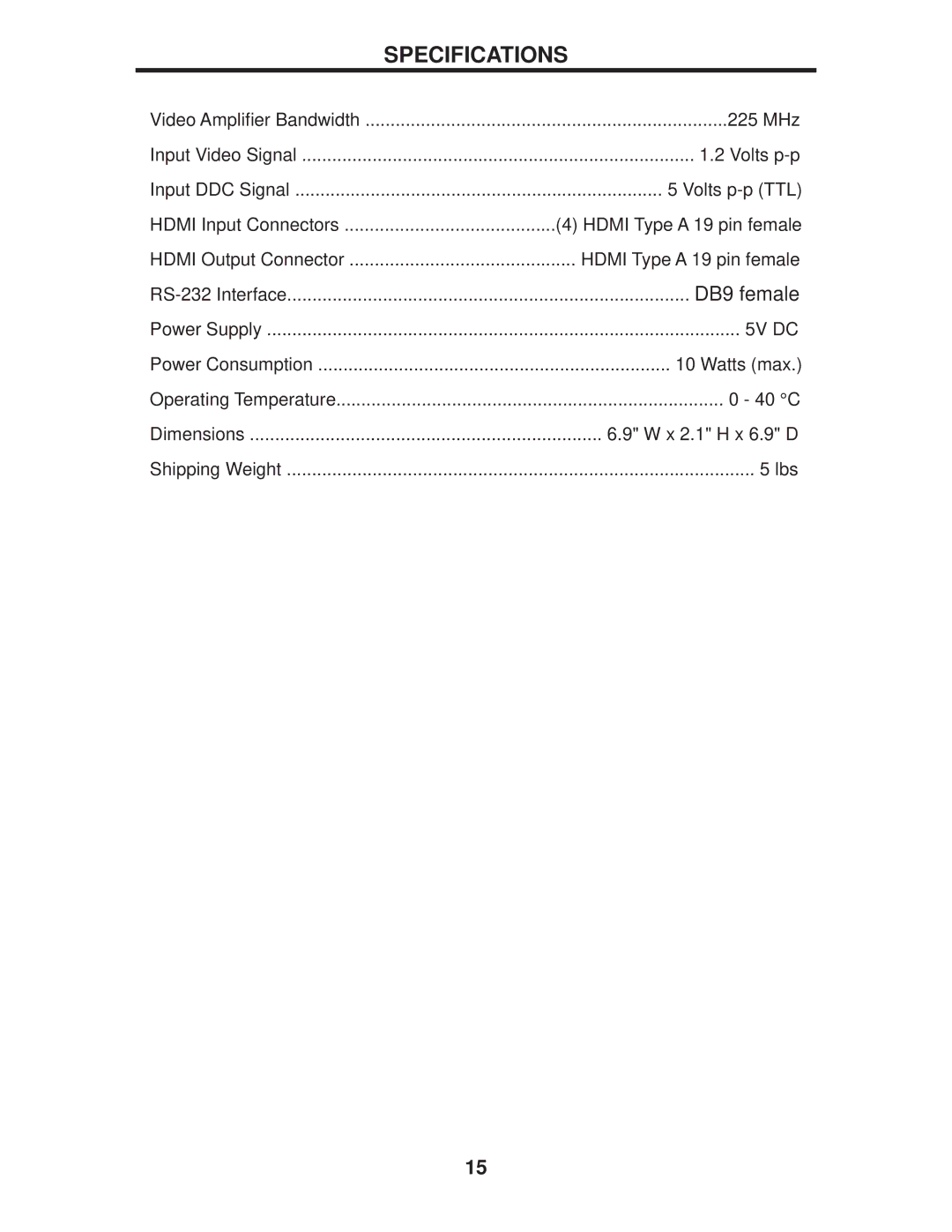 Gefen GTV-HDMI1.3-441N user manual Specifications, DB9 female 