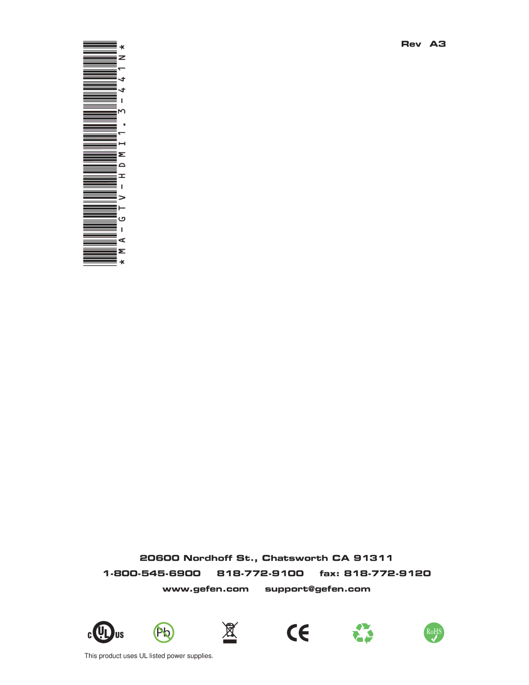 Gefen GTV-HDMI1.3-441N user manual Rev A3 Nordhoff St., Chatsworth CA 