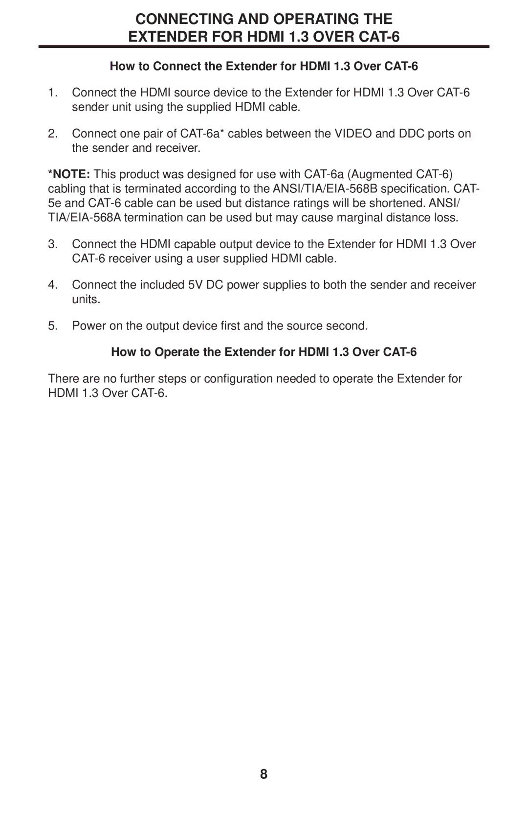 Gefen GTV-HDMI1.3-CAT6 user manual Connecting and Operating Extender for Hdmi 1.3 Over CAT-6 