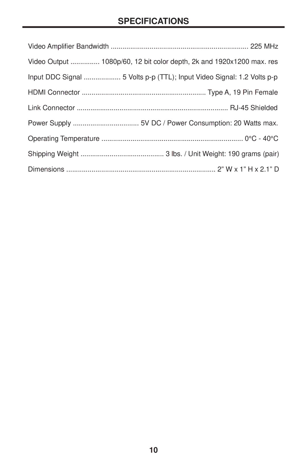 Gefen GTV-HDMI1.3-CAT6 user manual Specifications 