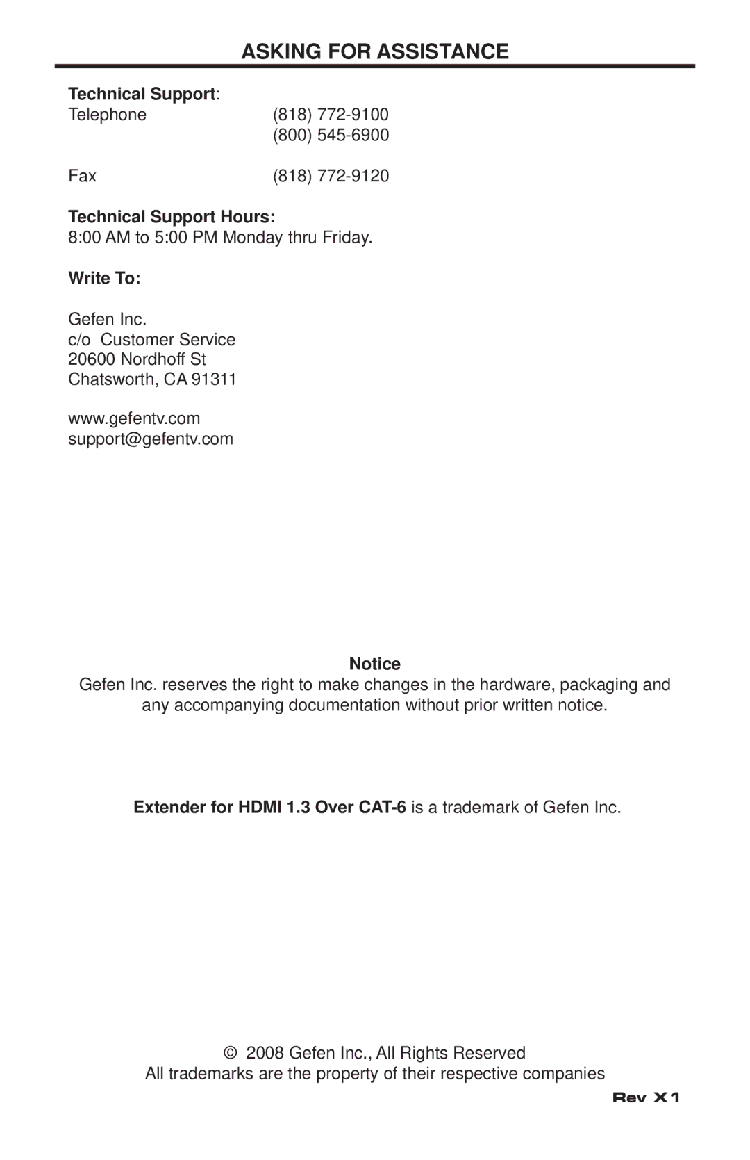 Gefen GTV-HDMI1.3-CAT6 user manual Asking for Assistance, Technical Support Hours, Write To 