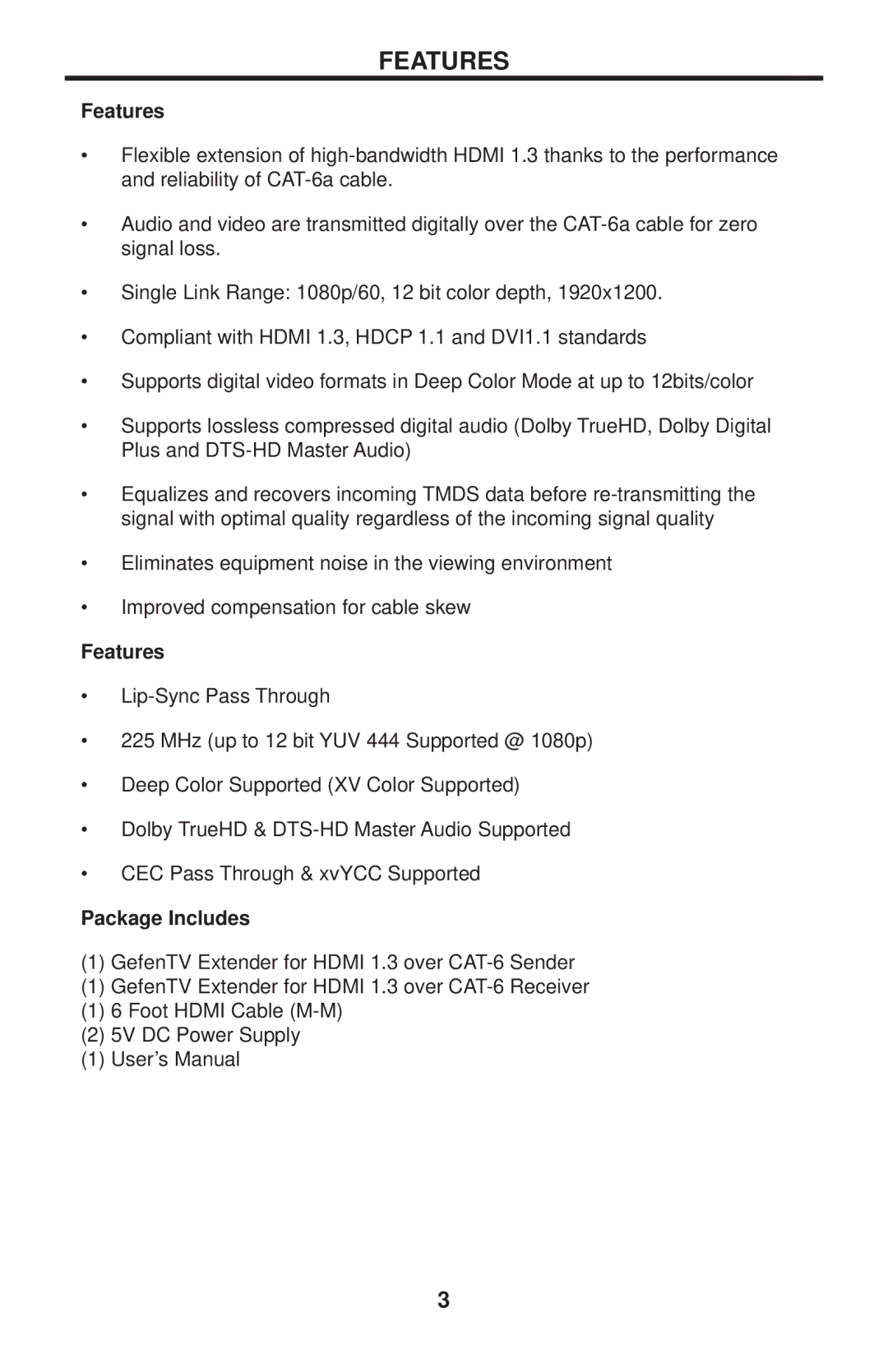 Gefen GTV-HDMI1.3-CAT6 user manual Features, Package Includes 