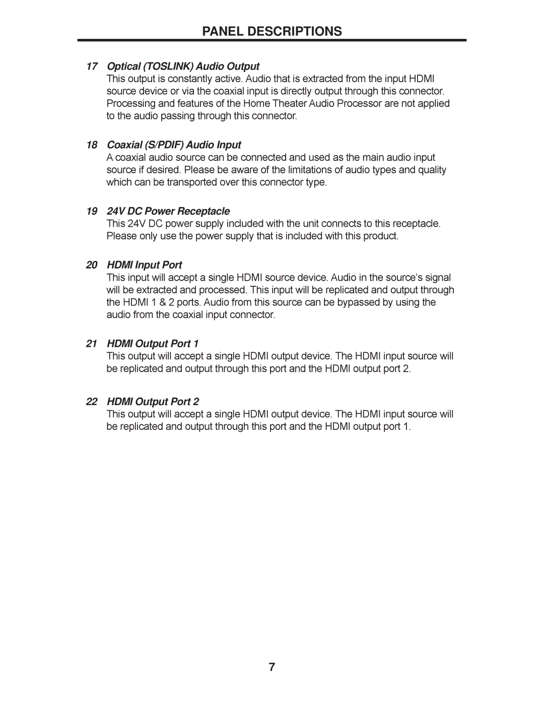 Gefen GTV-HT-AUDPROC user manual Optical Toslink Audio Output 