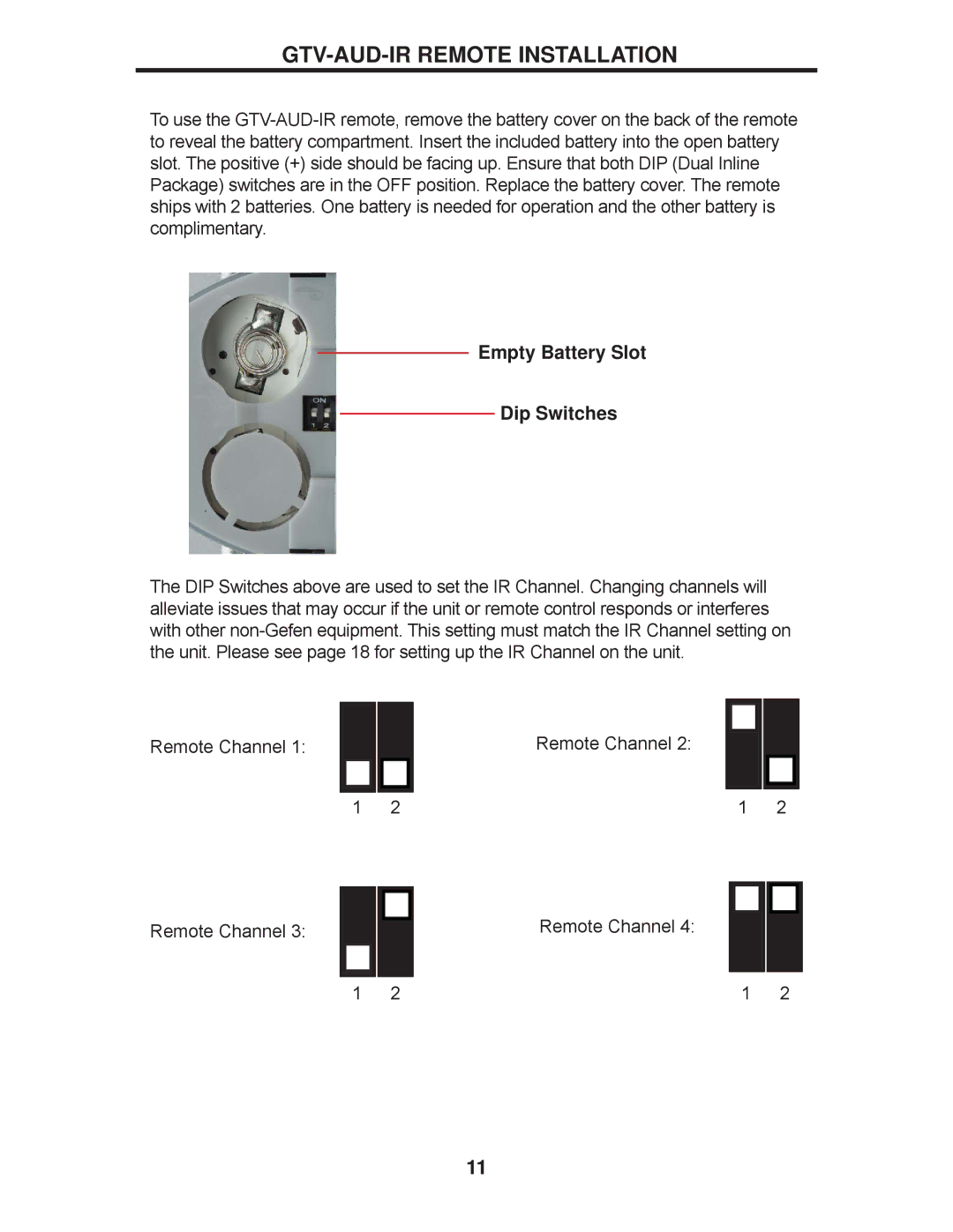 Gefen GTV-HT-AUDPROC user manual GTV-AUD-IR Remote Installation, Empty Battery Slot Dip Switches 