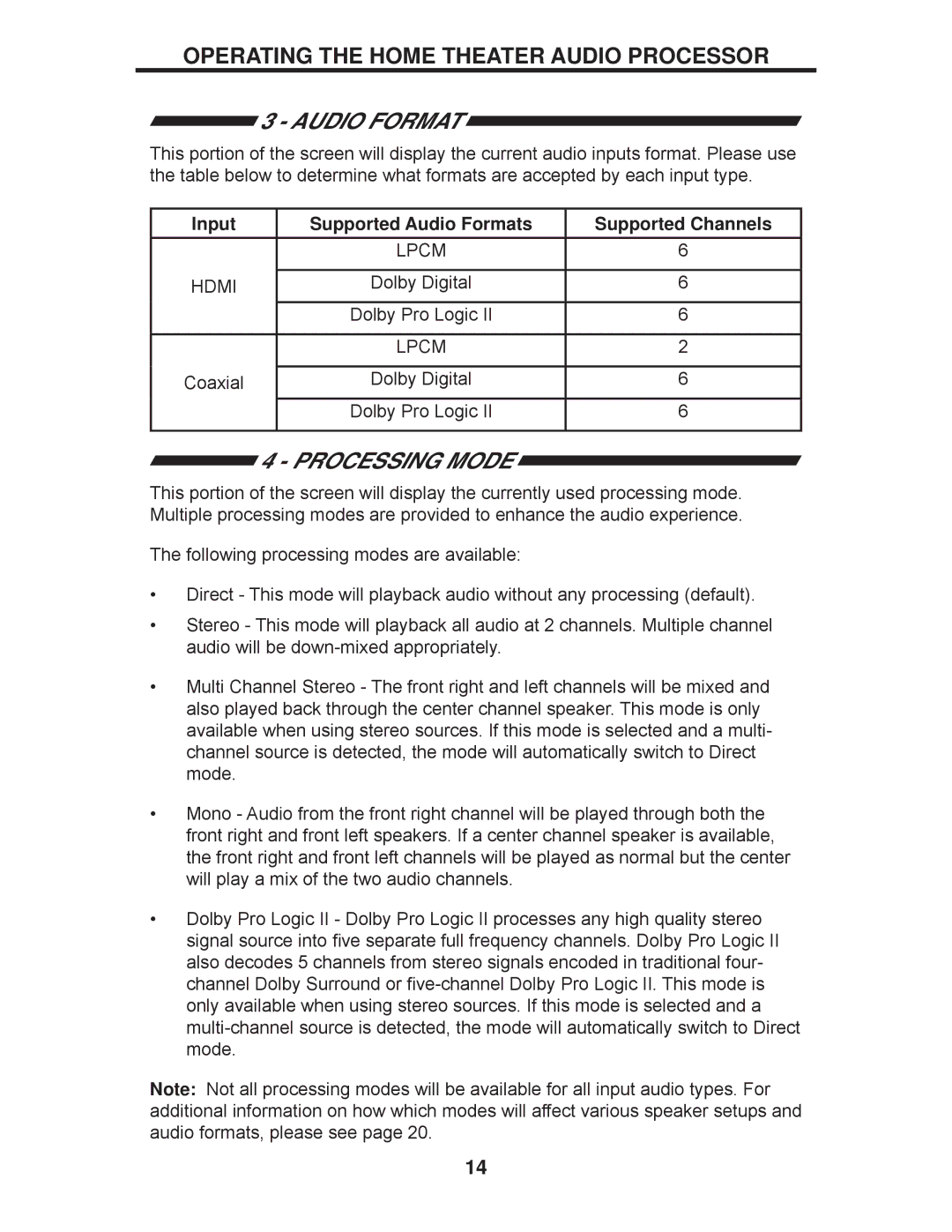 Gefen GTV-HT-AUDPROC user manual Processing Mode, Input Supported Audio Formats Supported Channels 