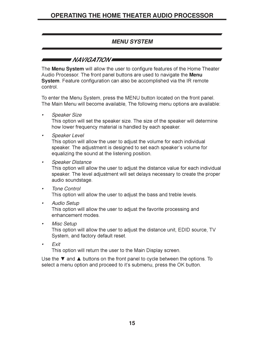 Gefen GTV-HT-AUDPROC user manual Navigation, Speaker Size 