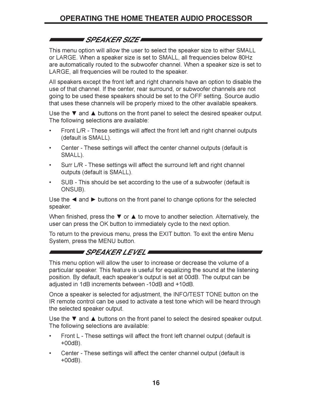 Gefen GTV-HT-AUDPROC user manual Speaker Size, Speaker Level 