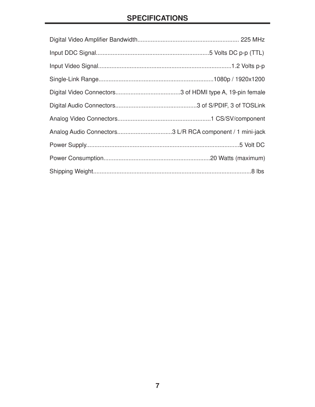 Gefen GTV-HTS-PRO user manual Specifications 