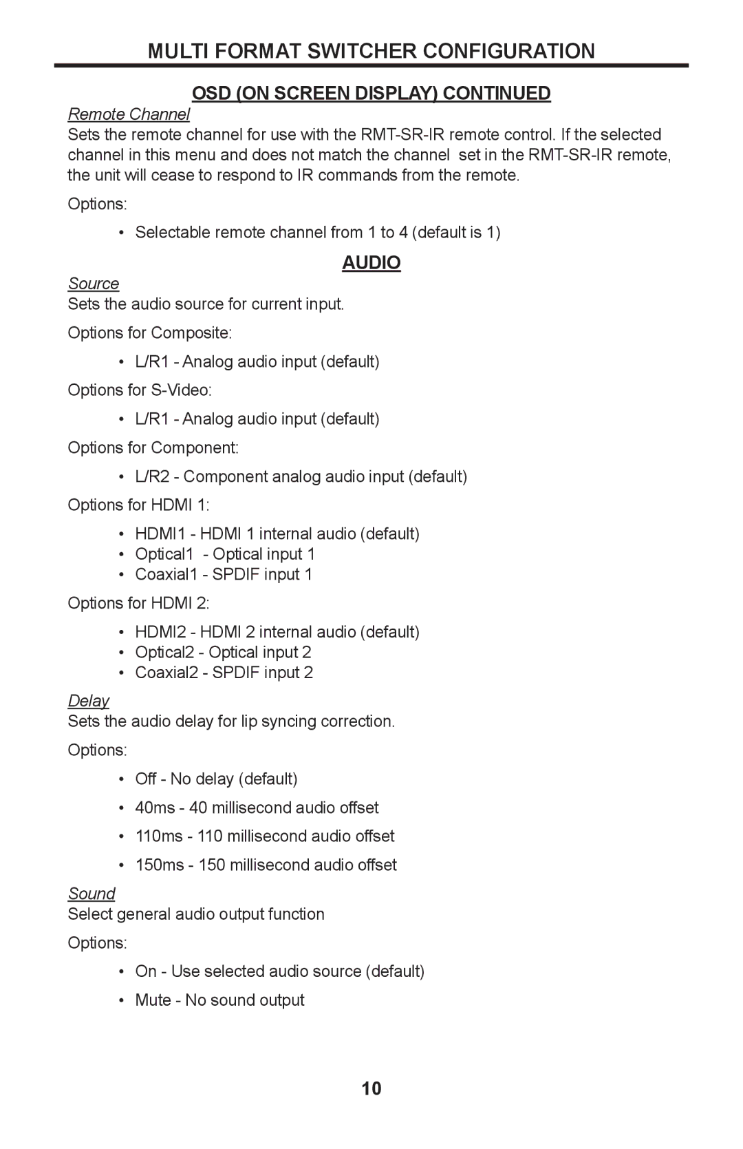 Gefen GTV-MFS user manual Audio, Remote Channel, Source, Delay, Sound 