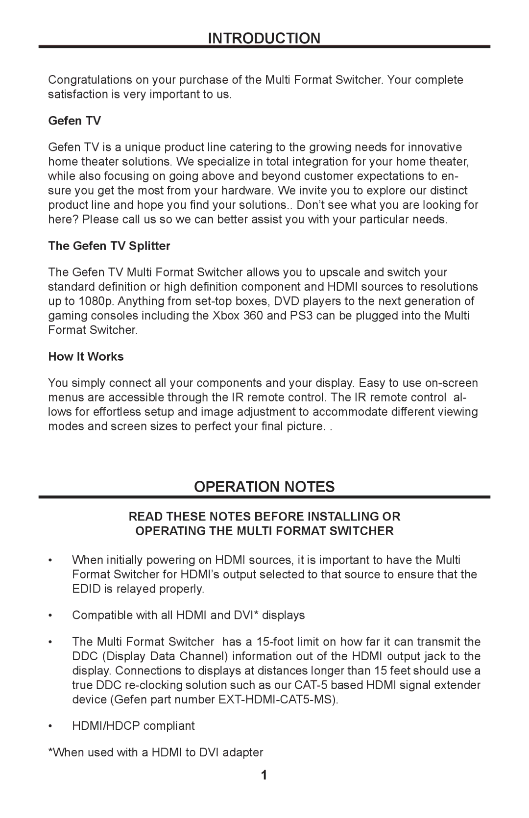 Gefen GTV-MFS user manual Introduction, Gefen TV Splitter, How It Works, Operating the Multi Format Switcher 