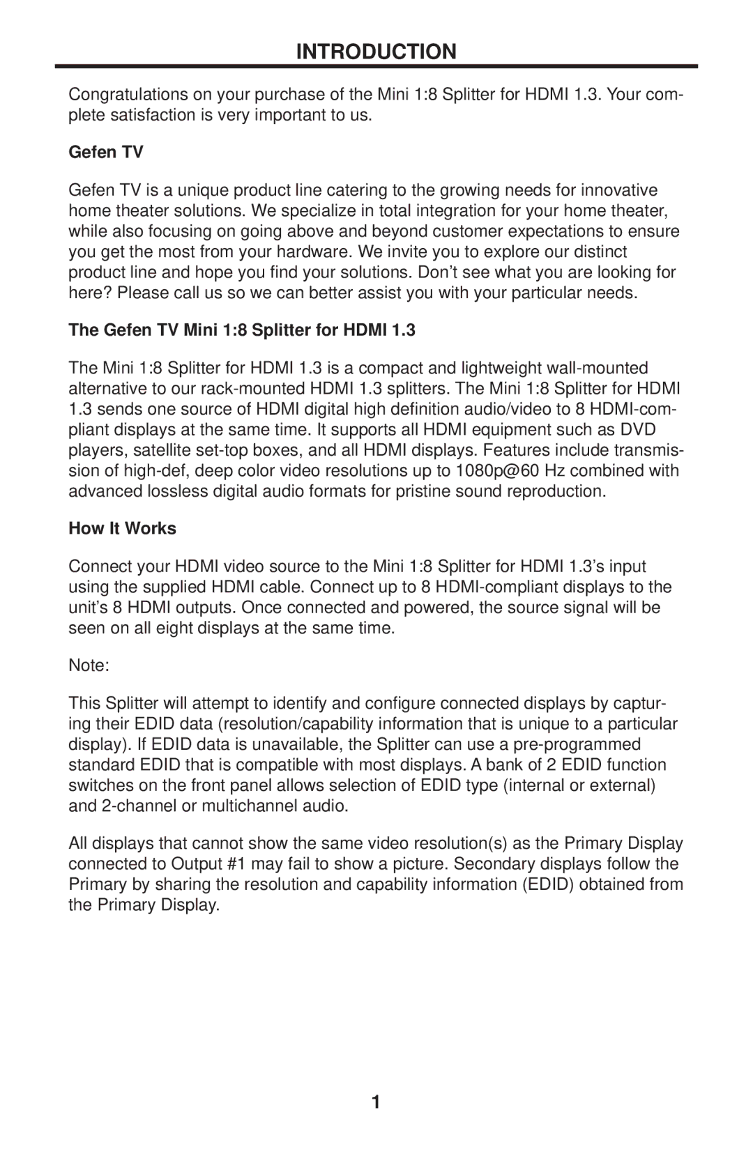 Gefen GTV-MHDMI1.3-148 user manual Introduction, Gefen TV Mini 18 Splitter for Hdmi, How It Works 