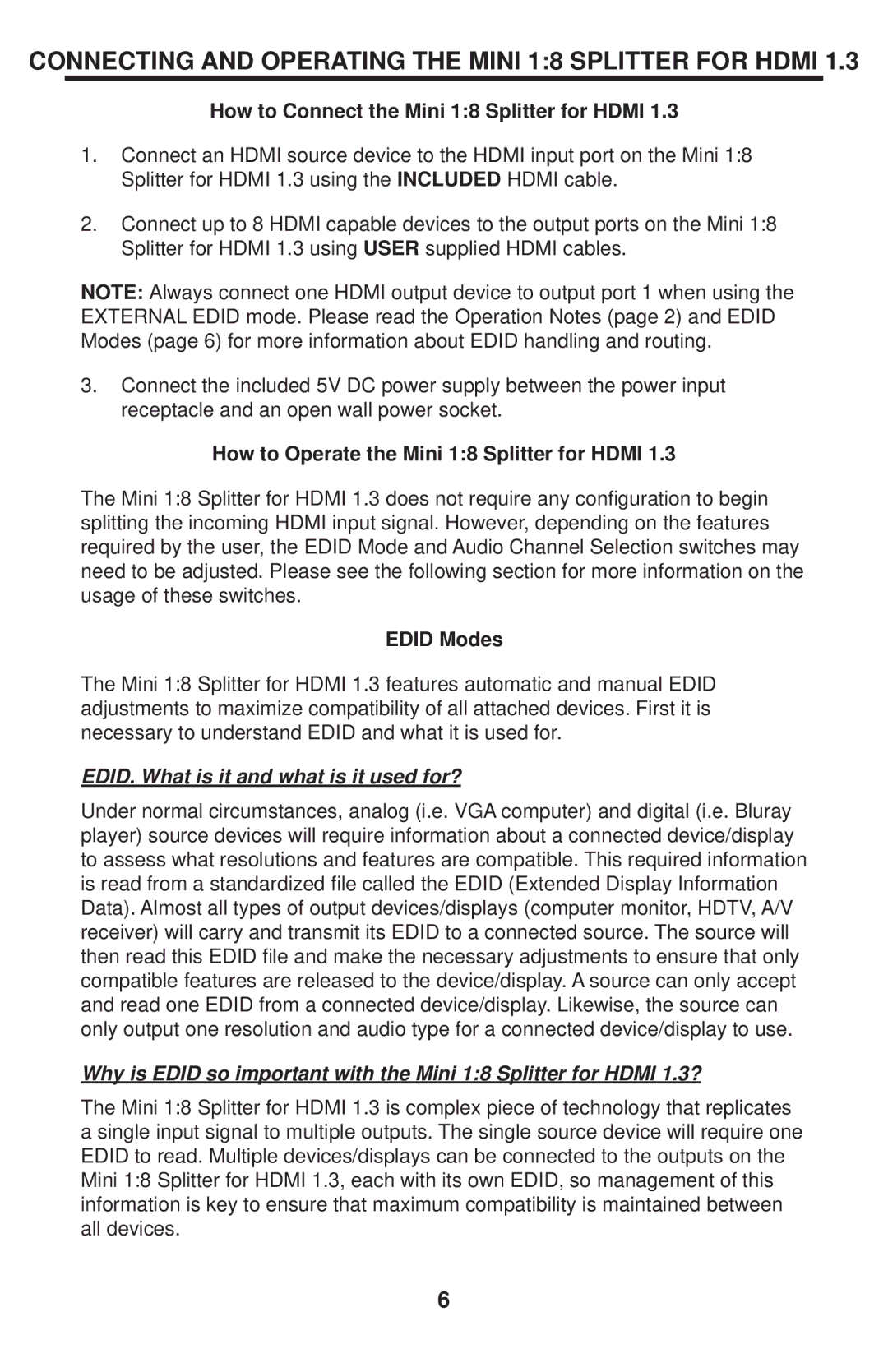 Gefen GTV-MHDMI1.3-148 user manual Connecting and Operating the Mini 18 Splitter for Hdmi, Edid Modes 