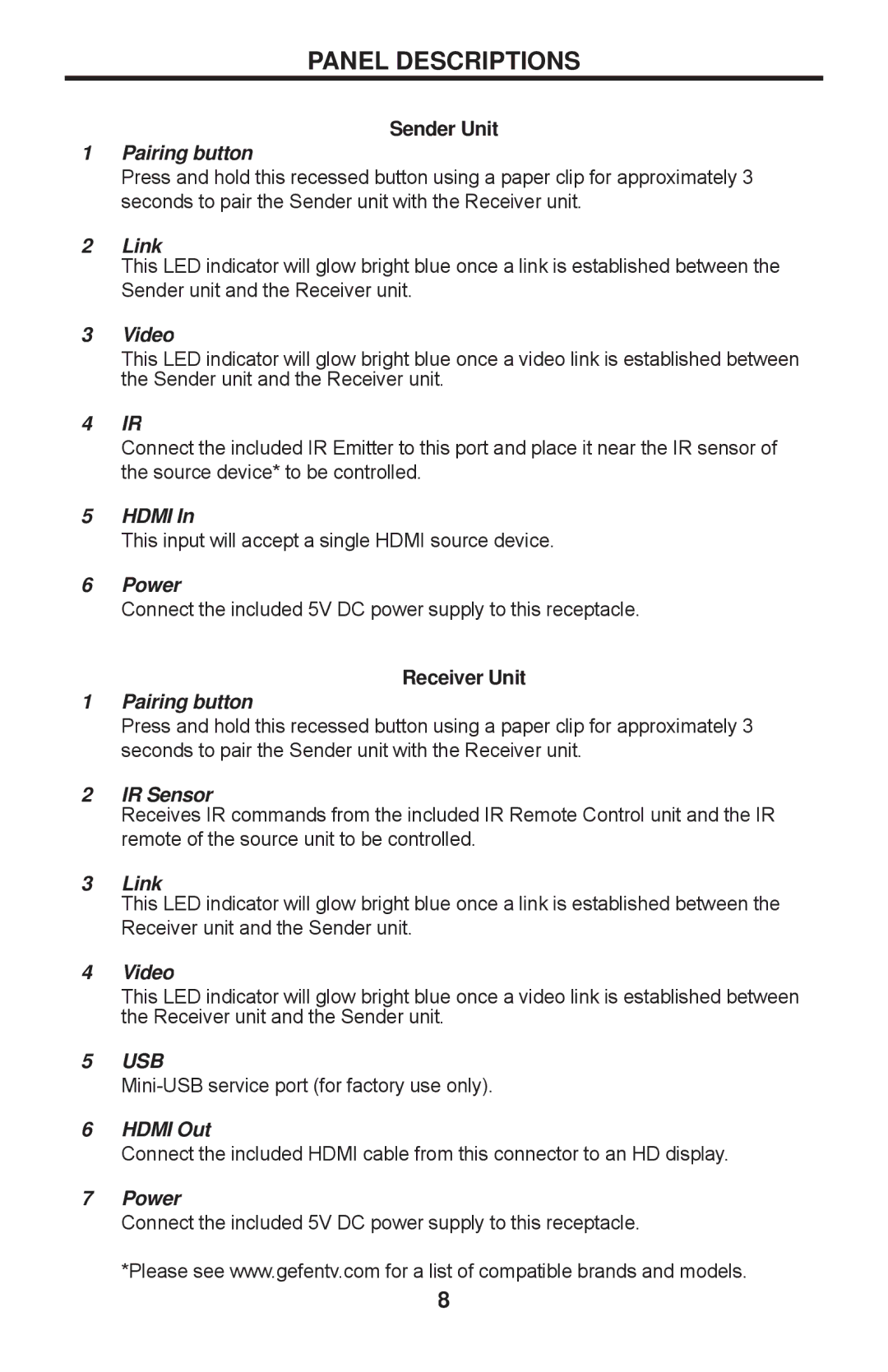 Gefen GTV-WHD-1080P-LR-BLK user manual Panel Descriptions, Sender Unit, Receiver Unit 