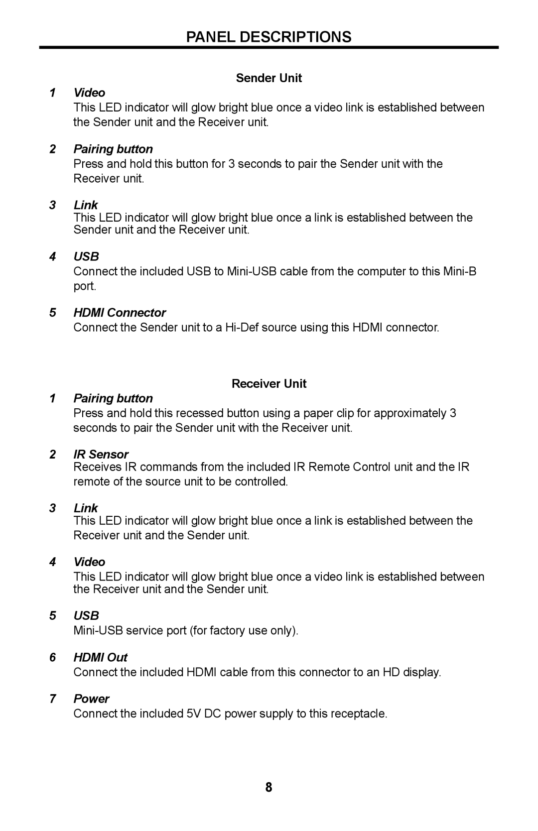 Gefen GTV-WHD-1080P-SR manual Panel Descriptions, Sender Unit, Receiver Unit 