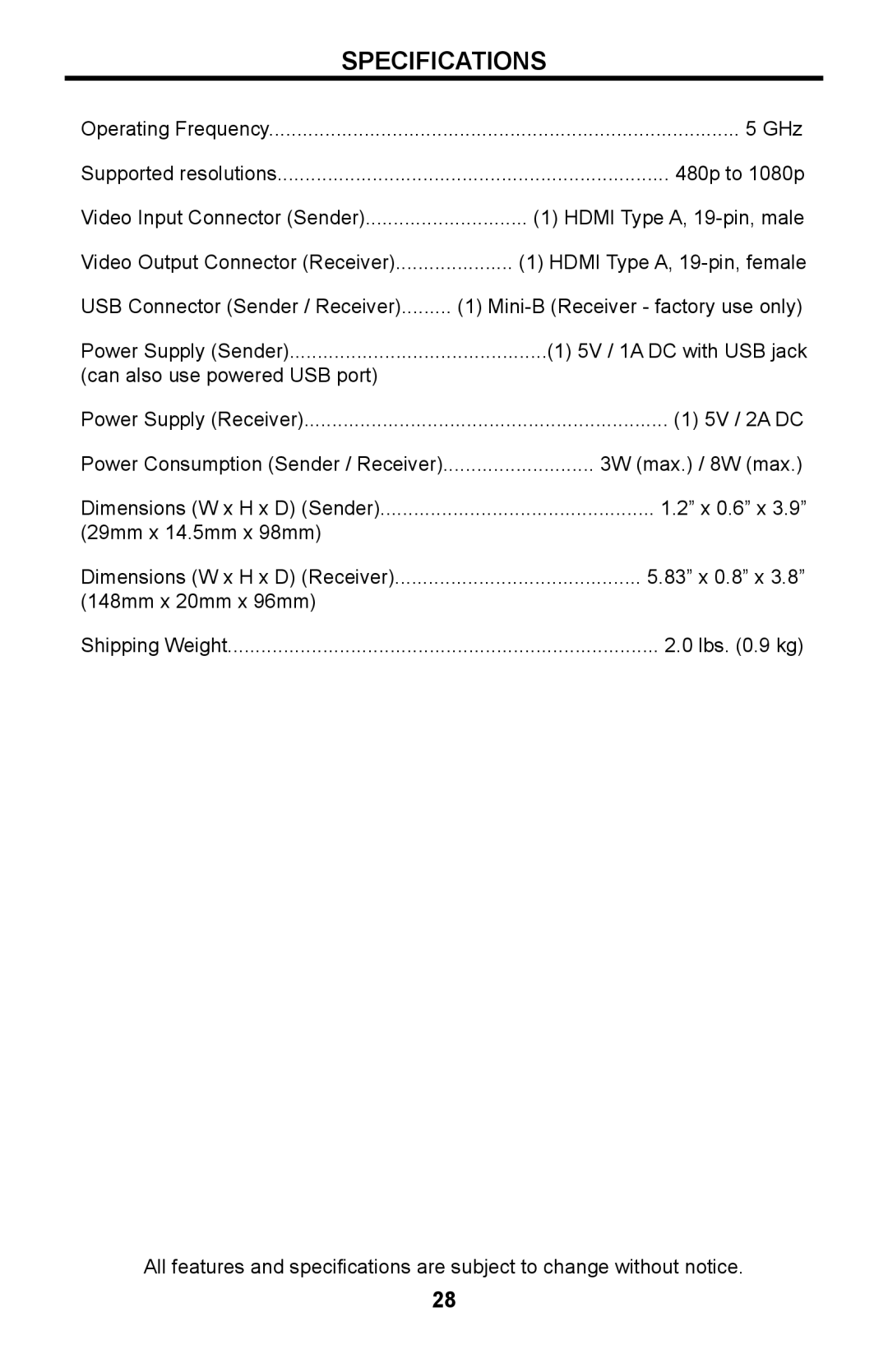 Gefen GTV-WHD-1080P-SR manual Specifications 