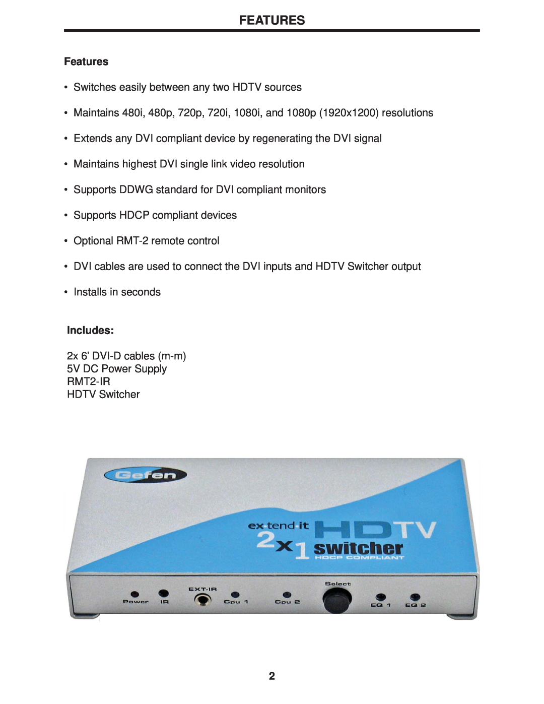 Gefen HDTV Switcher user manual Features, Includes 