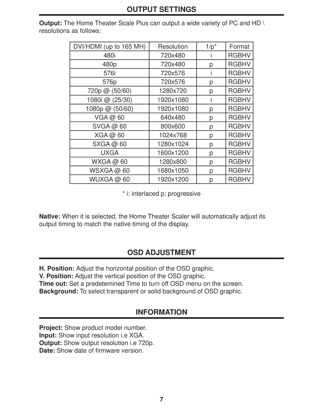 Gefen Home Theater Scaler PLUS user manual Output Settings, OSD Adjustment, Information 
