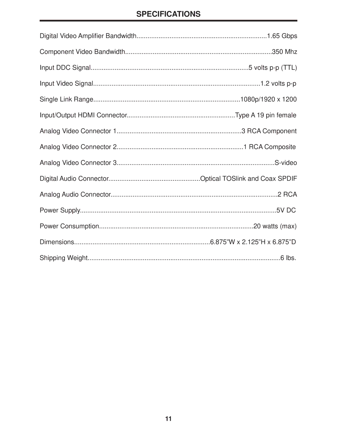 Gefen Home Theater Scaler PLUS user manual Specifications 