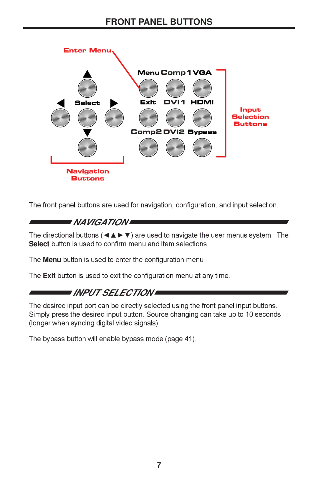 Gefen PRO I user manual Front Panel Buttons, Navigation, Input Selection 
