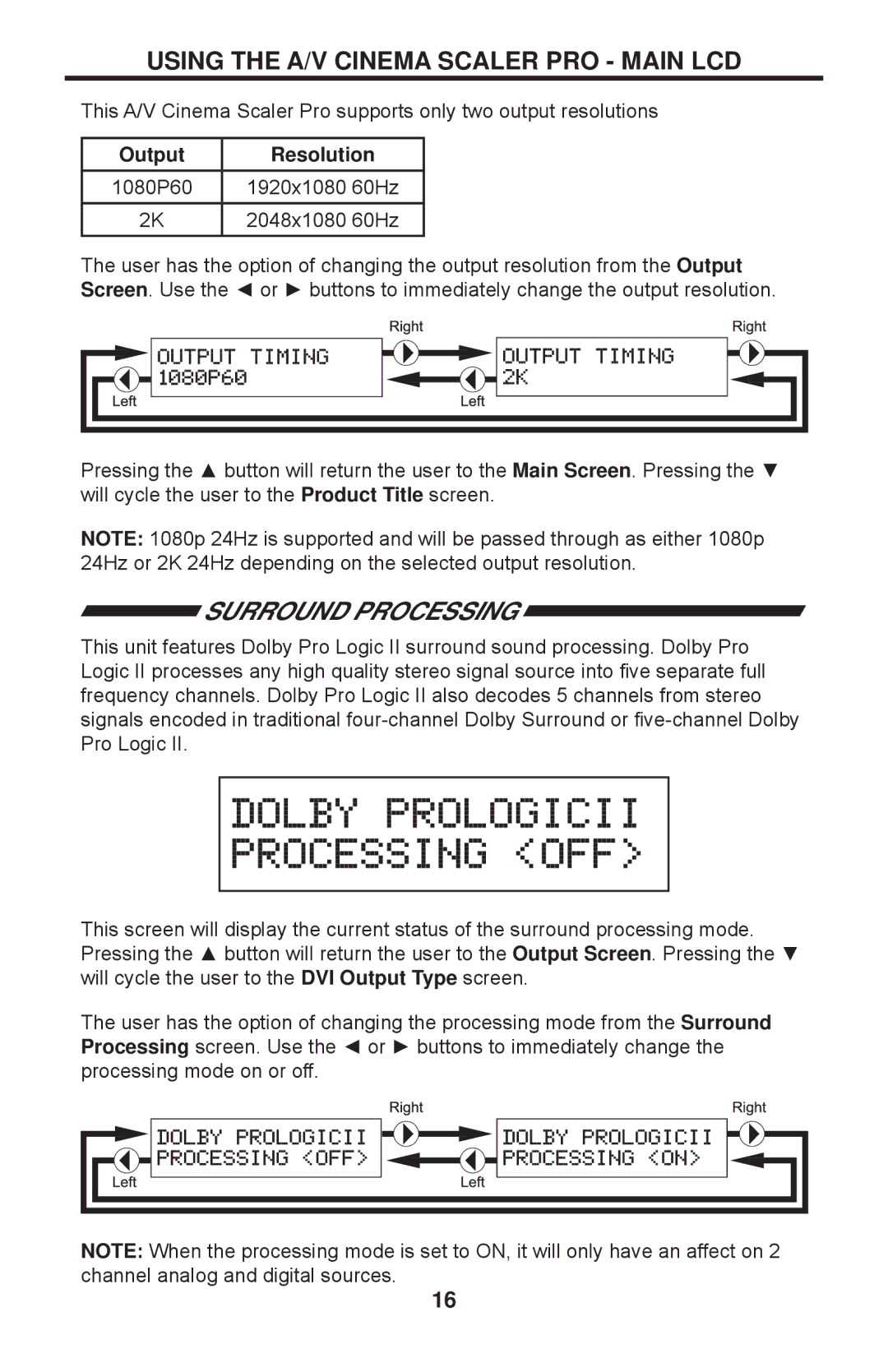 Gefen PRO I user manual Surround Processing, Output Resolution 