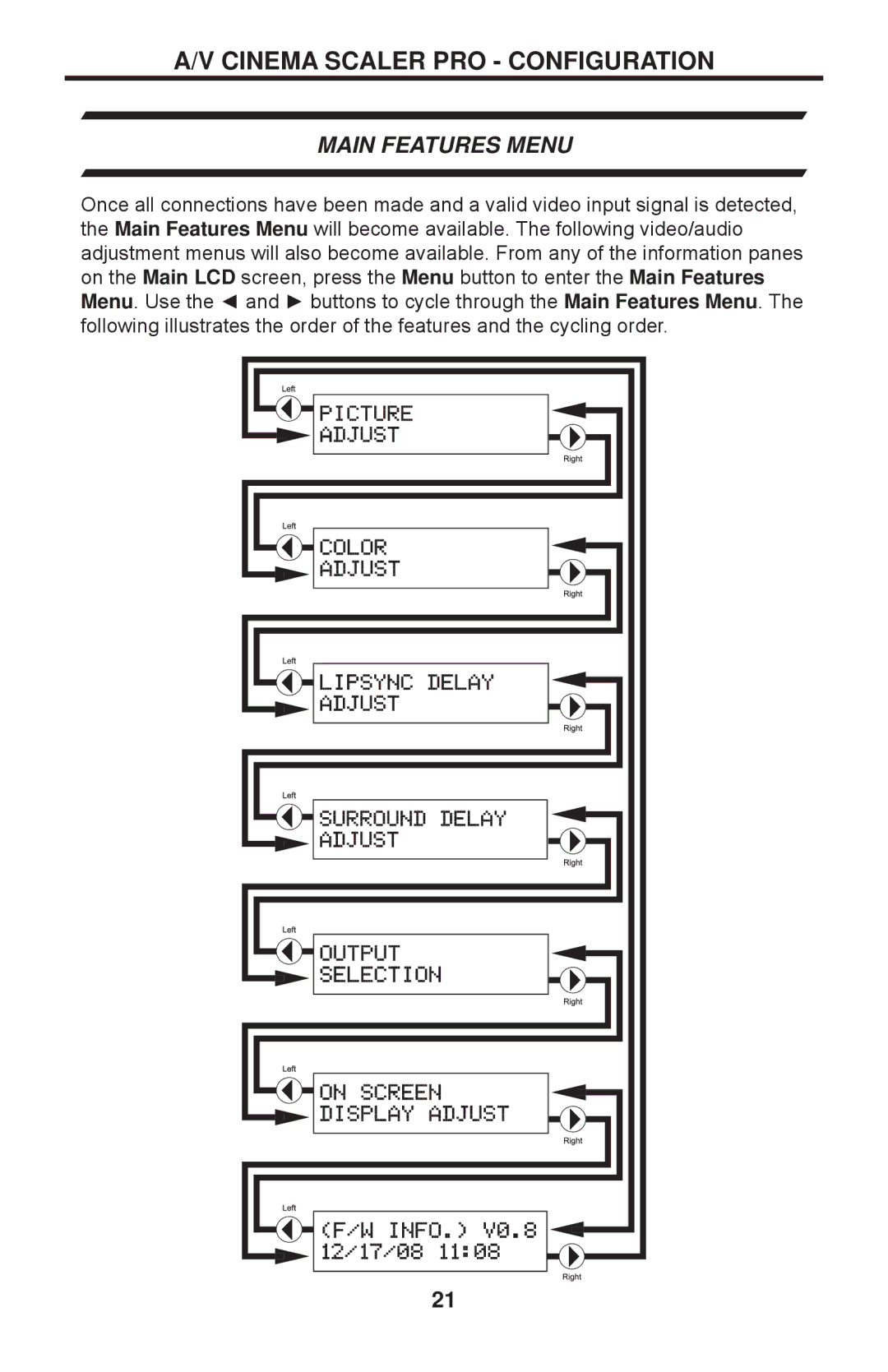 Gefen PRO I user manual Cinema Scaler PRO Configuration, Main Features Menu 