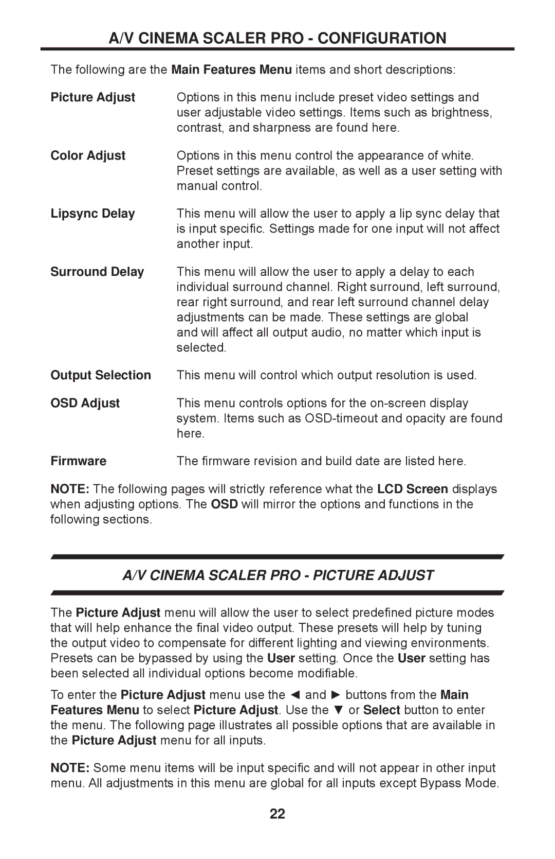 Gefen PRO I user manual Cinema Scaler PRO Picture Adjust 