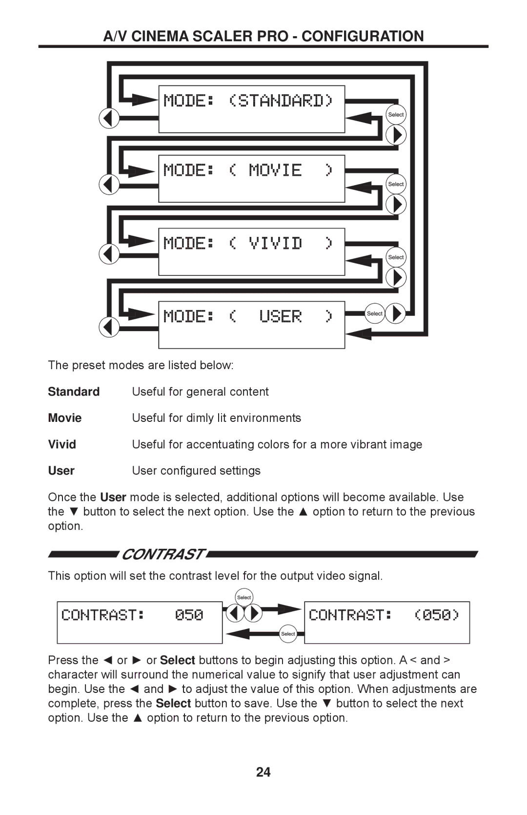 Gefen PRO I user manual Contrast, User User conﬁgured settings 