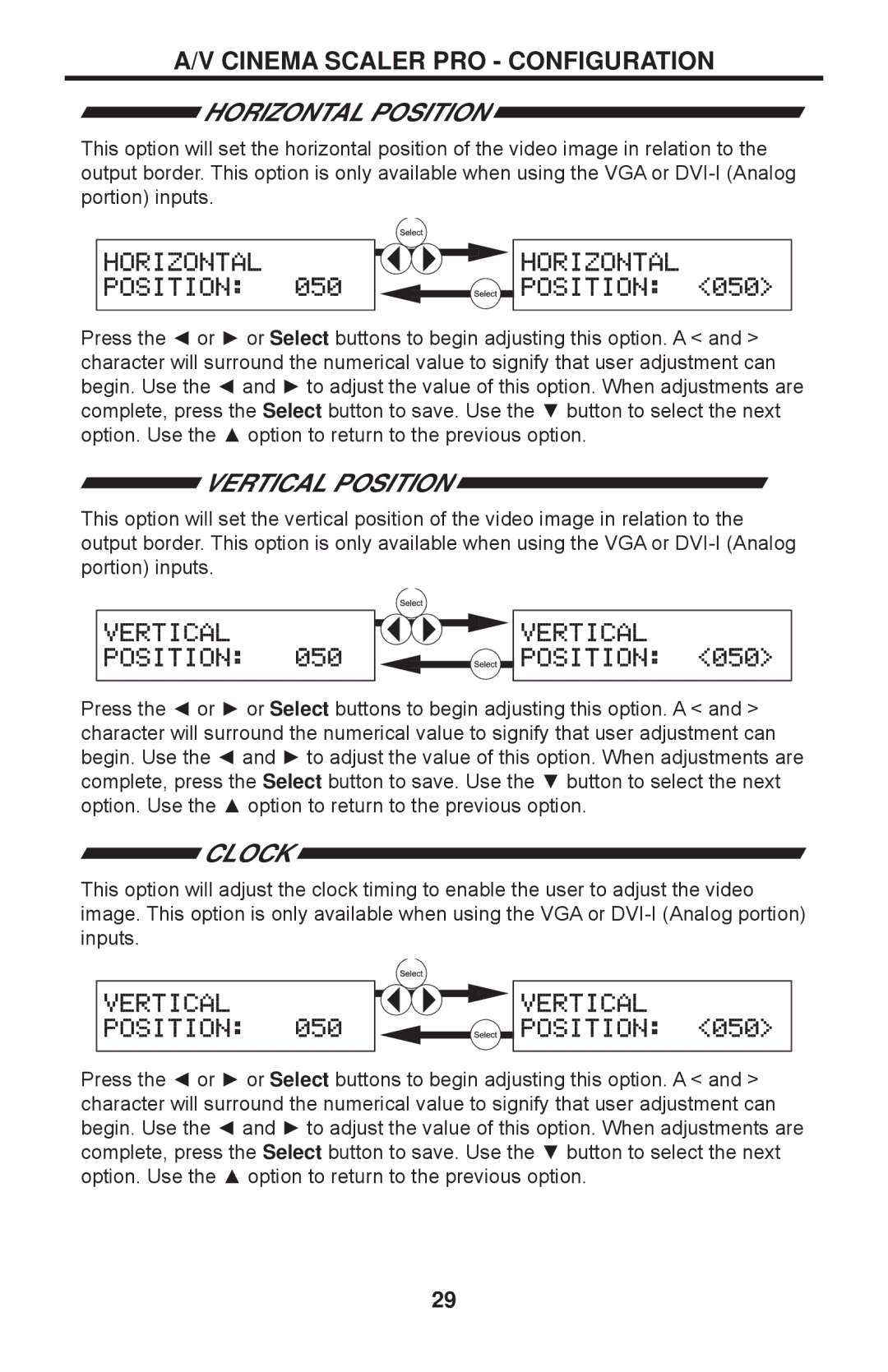 Gefen PRO I user manual Horizontal Position, Vertical Position, Clock 