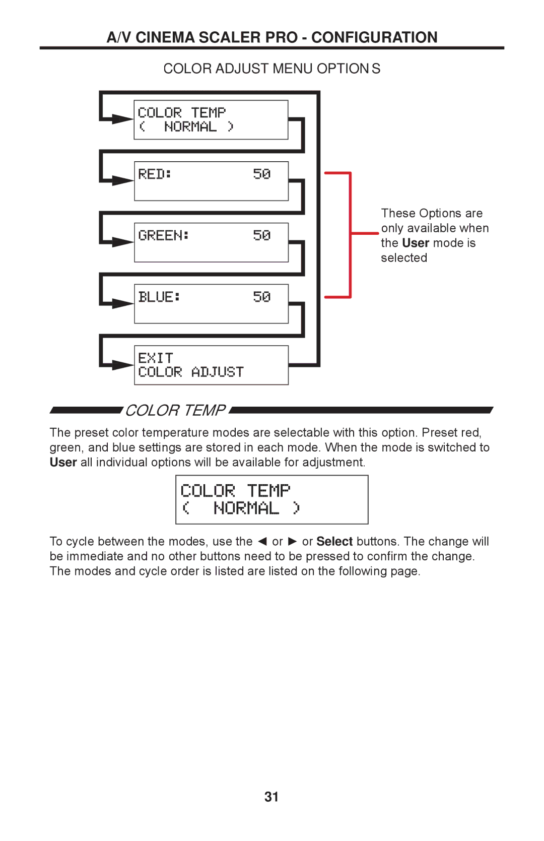 Gefen PRO I user manual Color Temp, Color Adjust Menu Options 