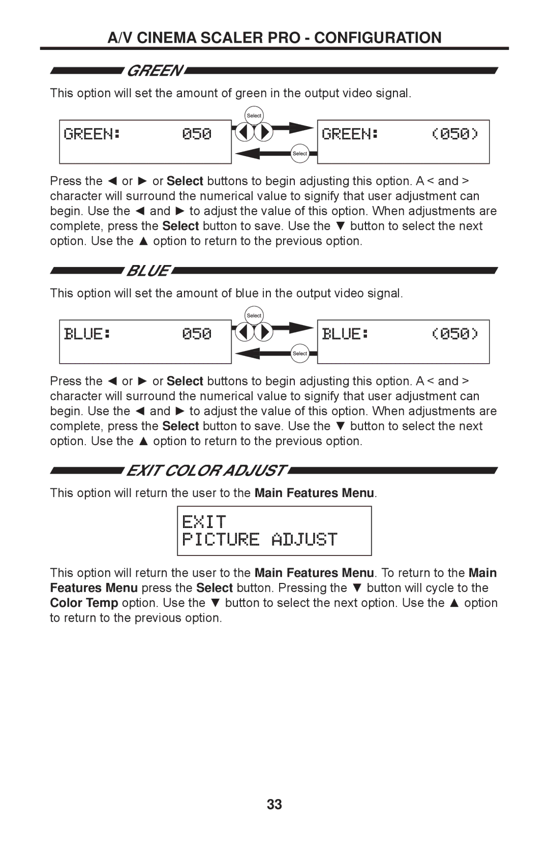 Gefen PRO I user manual Green, Blue, Exit Color Adjust 