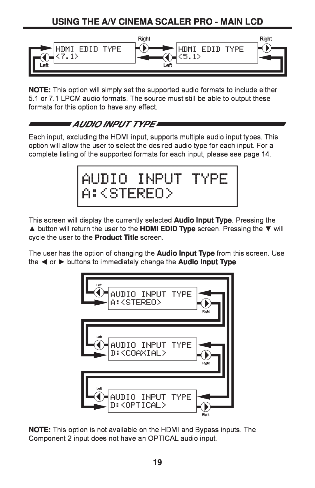 Gefen PRO I user manual Using The A/V Cinema Scaler Pro - Main Lcd, Audio Input Type 