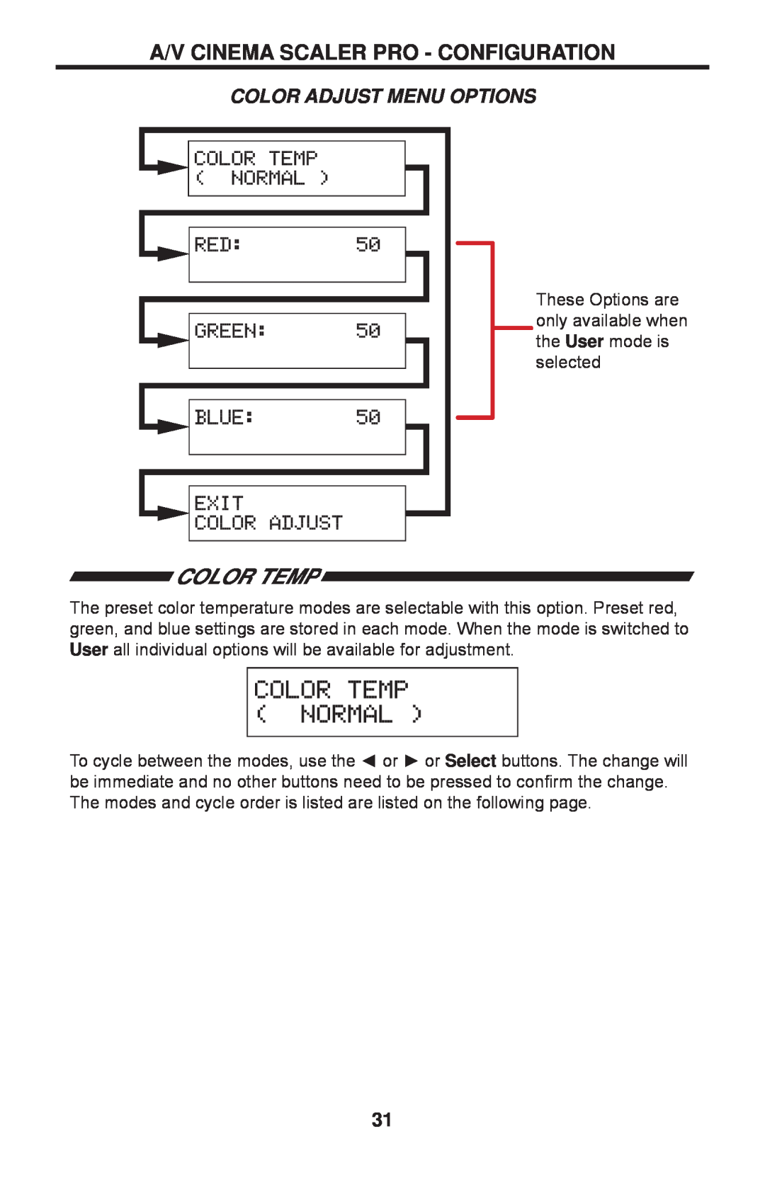 Gefen PRO I user manual Color Temp, Color Adjust Menu Options, A/V Cinema Scaler Pro - Configuration 