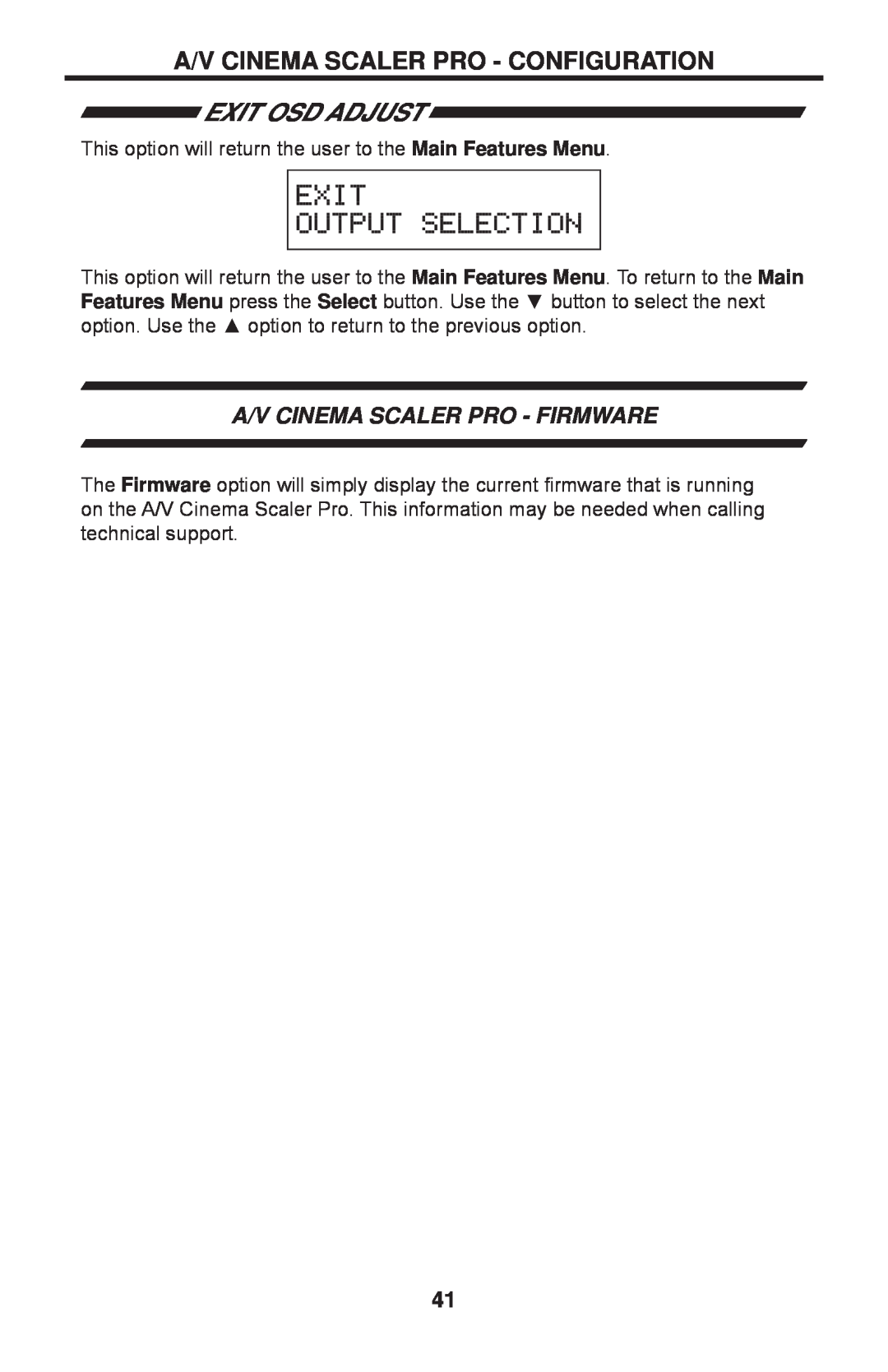 Gefen PRO I user manual Exit Osd Adjust, A/V Cinema Scaler Pro - Firmware, A/V Cinema Scaler Pro - Configuration 
