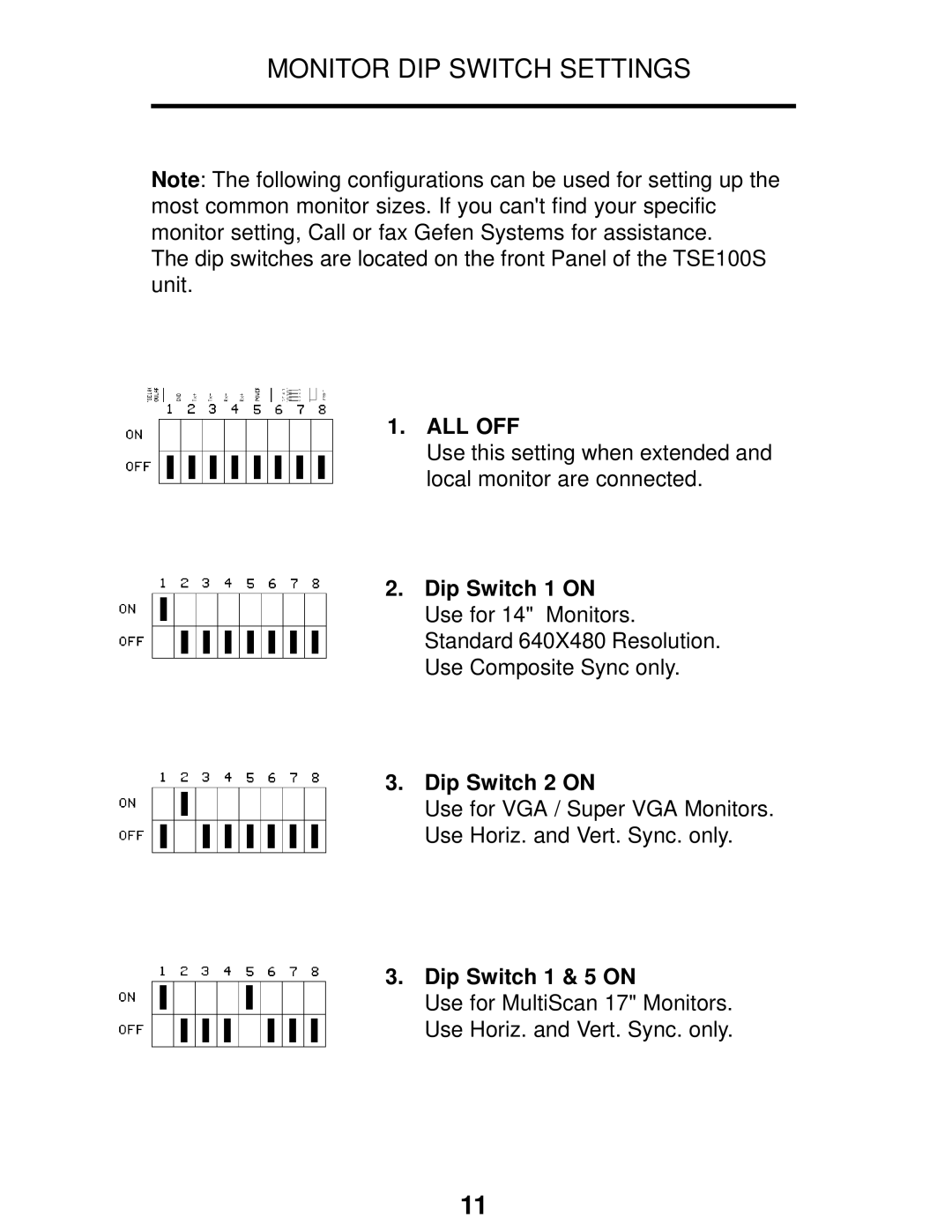 Gefen TSE100 user manual Monitor DIP Switch Settings 