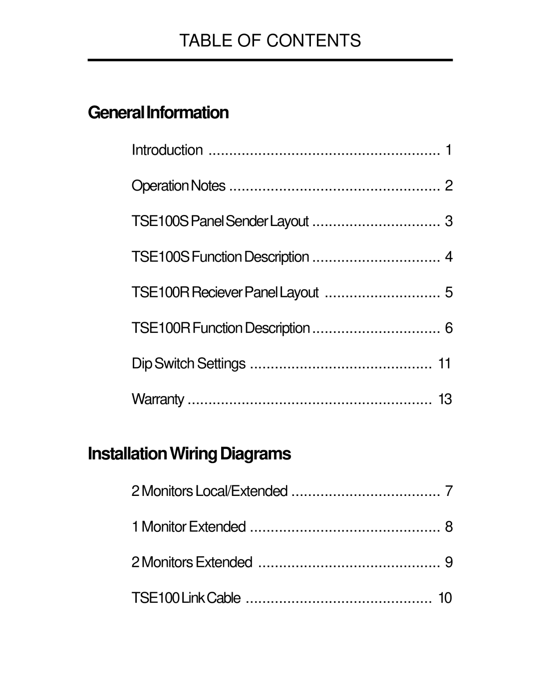 Gefen TSE100 user manual Table of Contents, GeneralInformation 