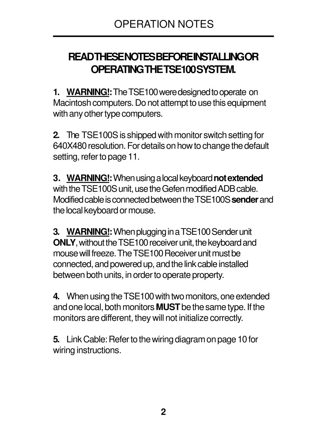 Gefen user manual Operation Notes, Readthesenotesbeforeinstallingor OPERATINGTHETSE100SYSTEM 