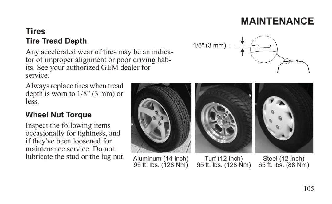 GEM 419C manual Tire Tread Depth, Wheel Nut Torque 