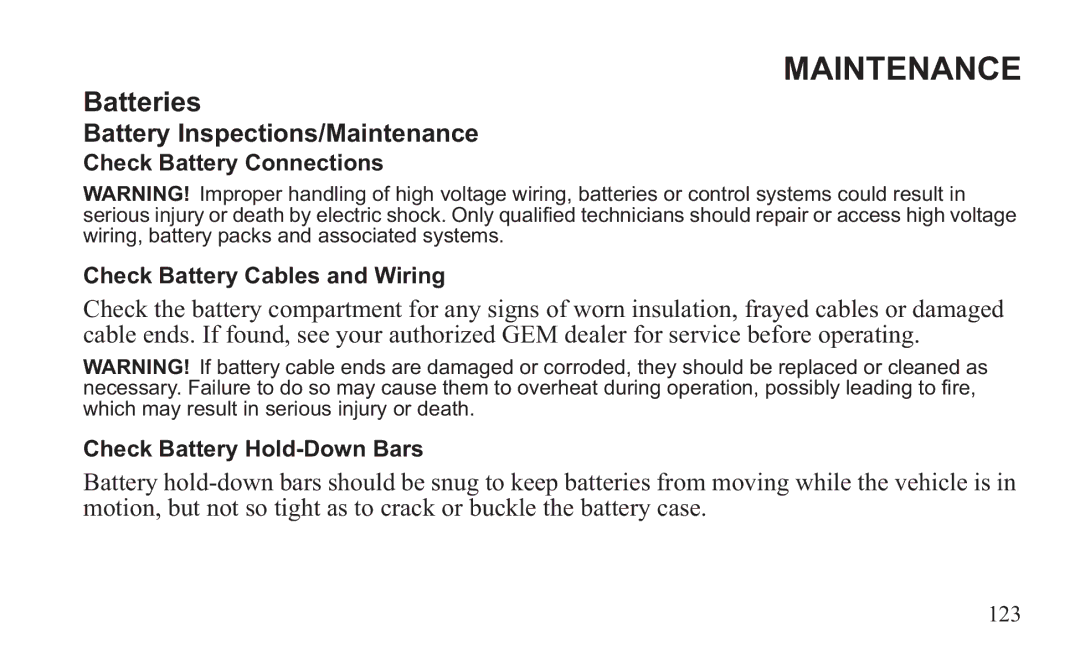 GEM 419C manual Check Battery Connections Check Battery Cables and Wiring 