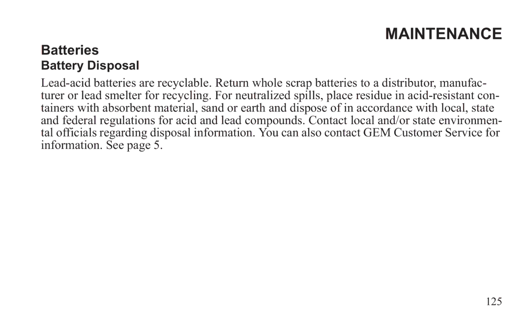 GEM 419C manual Battery Disposal 