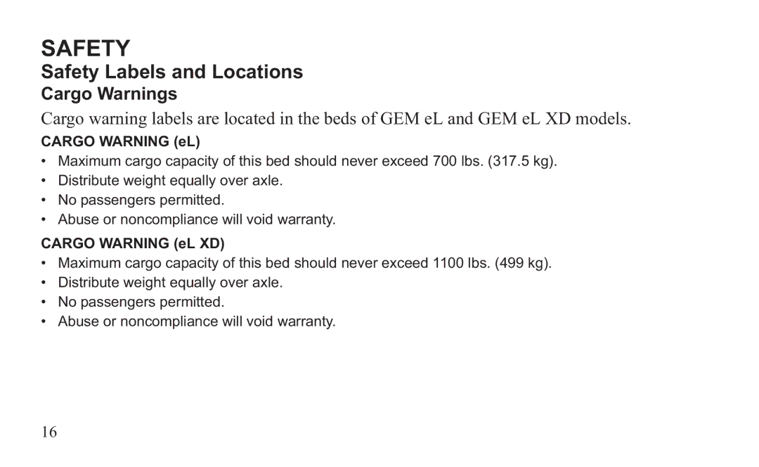 GEM 419C manual Cargo Warnings, Cargo Warning eL 